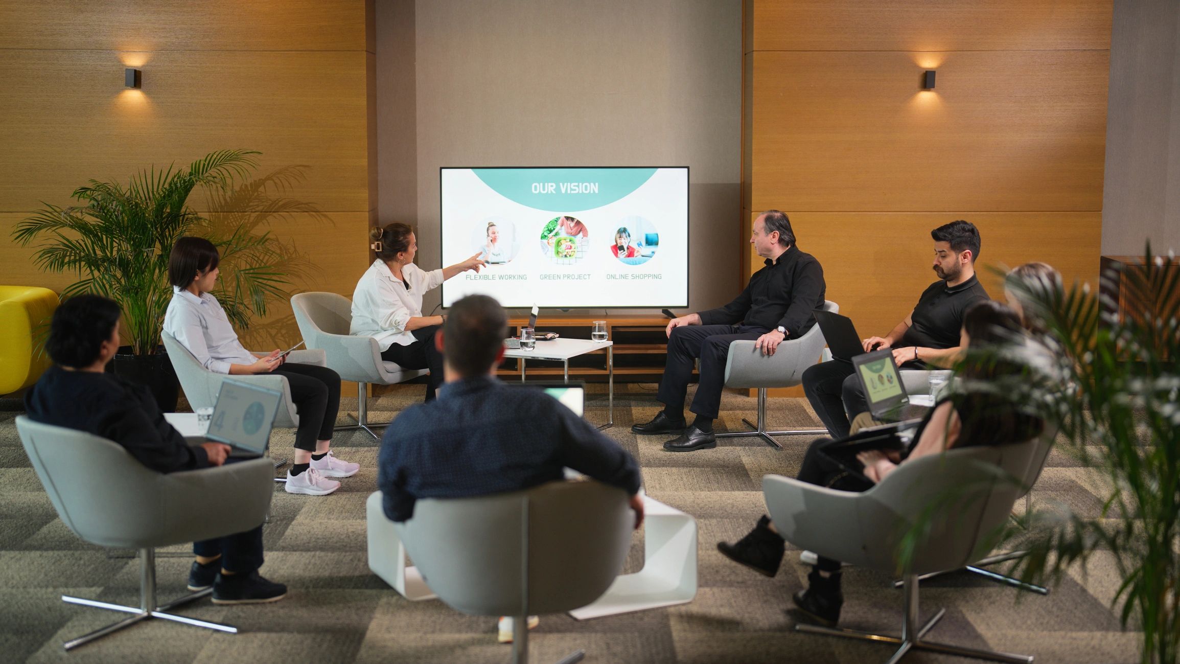 Professionals gathered for a business presentation
