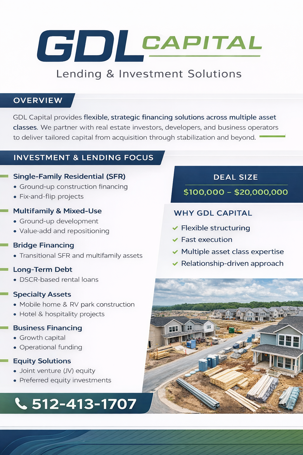 Private lending tear sheet for residential construction financing and hard money loan programs